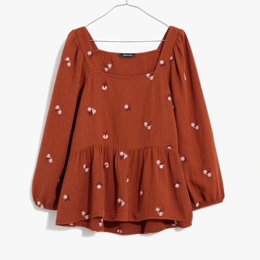 Madewell Amie Floral Embroidered Lightspun Millbrook Puff-Sleeve Peplum Top XS